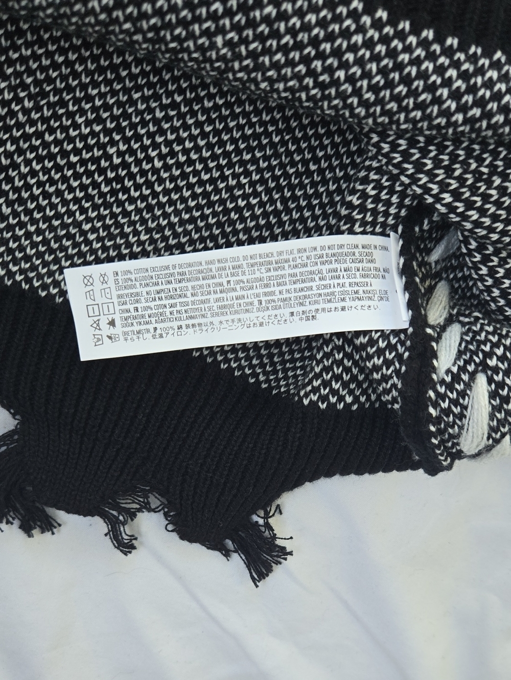 Mens Boho Black Sweater, White Stitching, Fringe OnBottom Of Sleeves & Sweater - Picture 14 of 14